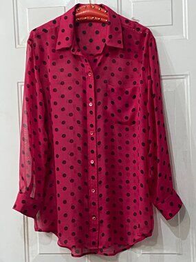 Equipment Sz M Silk Blouse Button Up Sheer Long Sleeve Hot Pink/Black Polka Dot